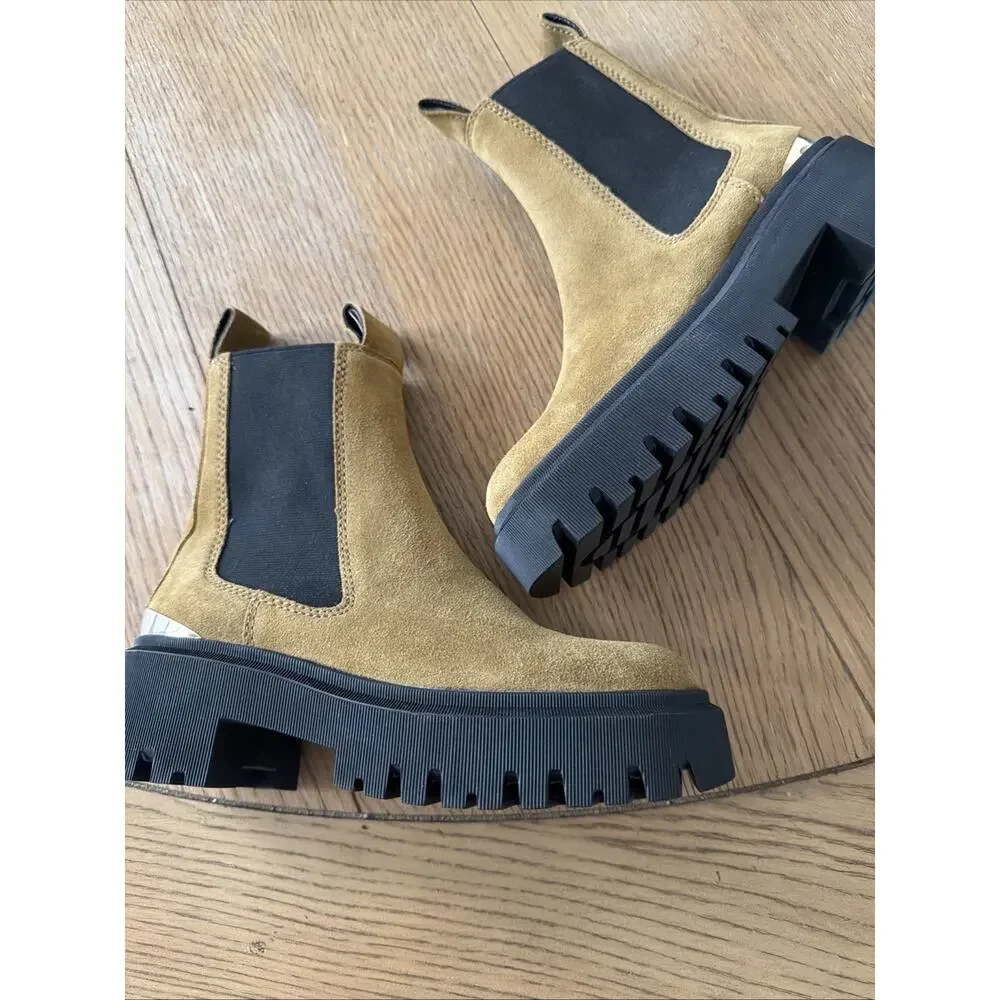 Maje Camel Leather Chelsea Platform‎ Ankle Boots 36 Metallic Panel Lug NWOB